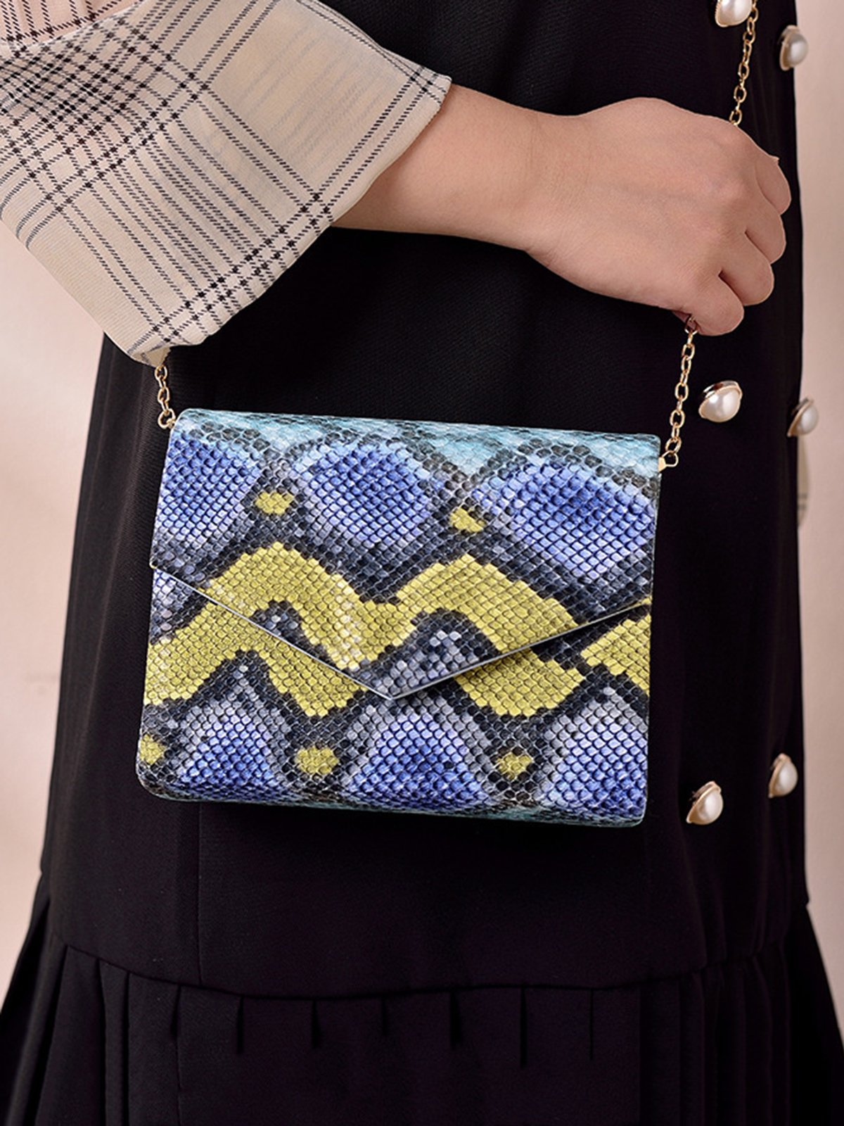 Fashion Schlangenhaut Quadrat Metallkette Handtasche