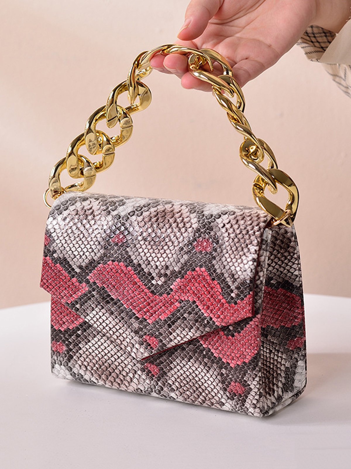 Fashion Schlangenhaut Quadrat Metallkette Handtasche