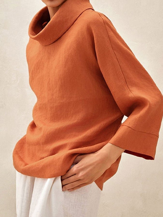 Damen Langarm Bluse Frühling/Herbst Unifarben Baumwolle Leinen Mock Neck Täglich Ausgehen Lässig Oberteile Orange