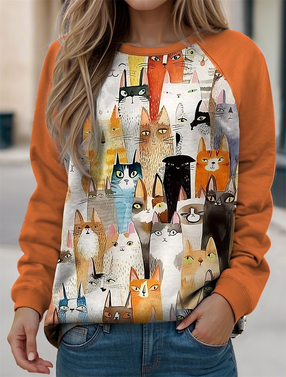 Damen Rundhals Katze Lässig Frühling/Herbst Langarm Sweatshirt