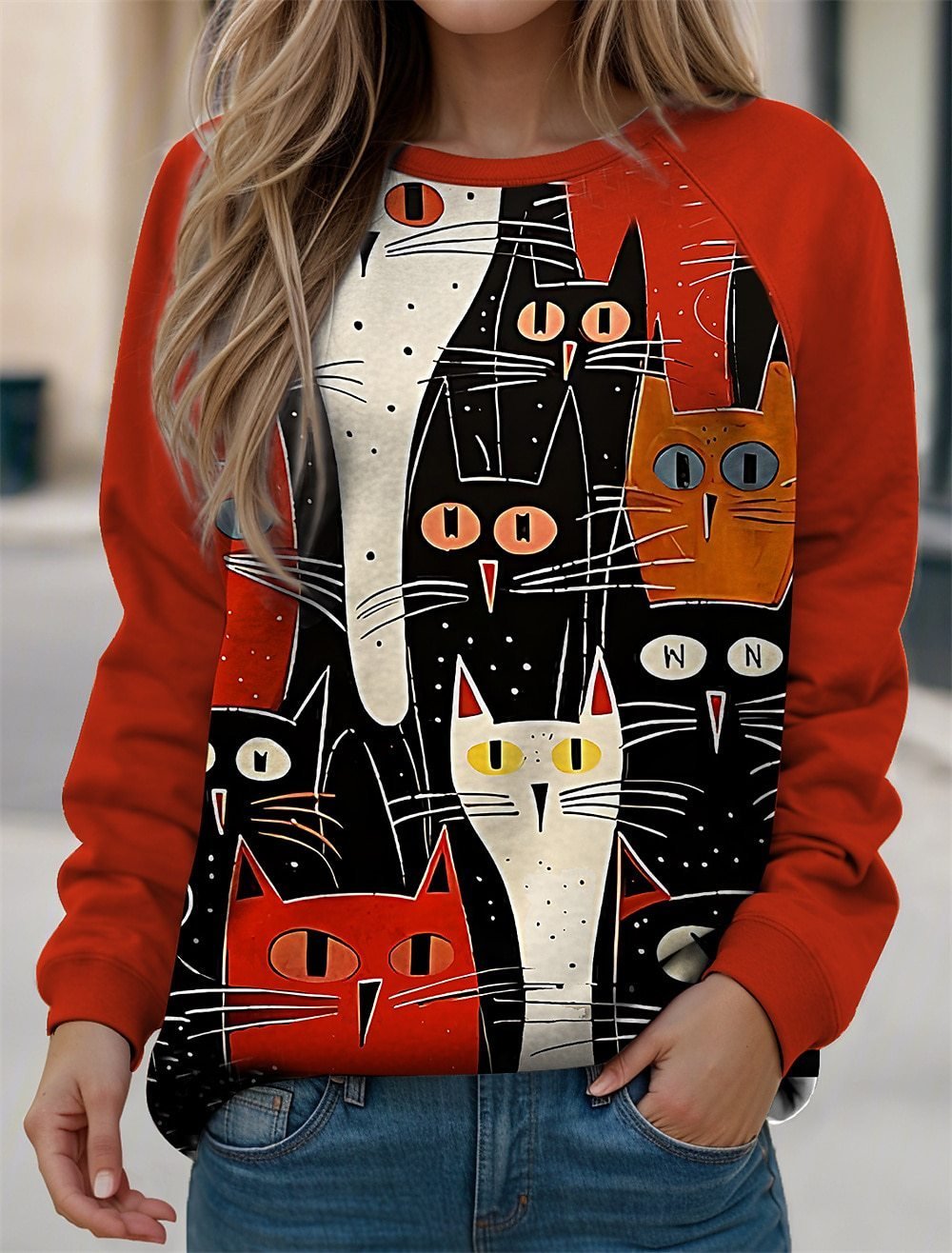 Damen Rundhals Katze Lässig Frühling/Herbst Langarm Sweatshirt