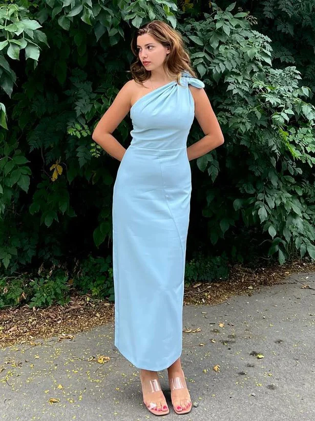 Damen Ärmellos Sommer Unifarben Knoten an der Front Kleid Carmen Date Ausgehen Urban Maxikleid H-Linie Blau