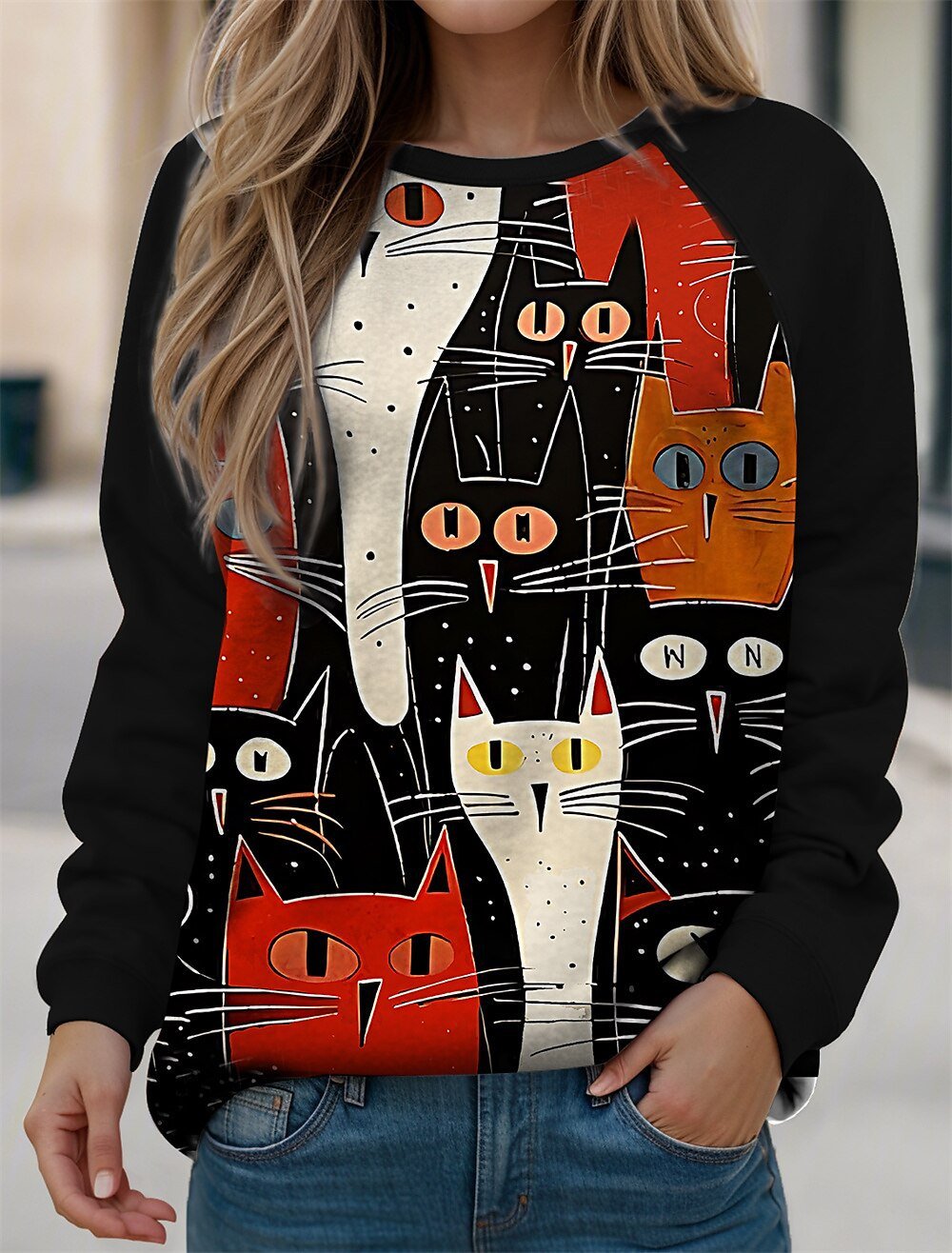 Damen Rundhals Katze Lässig Frühling/Herbst Langarm Sweatshirt