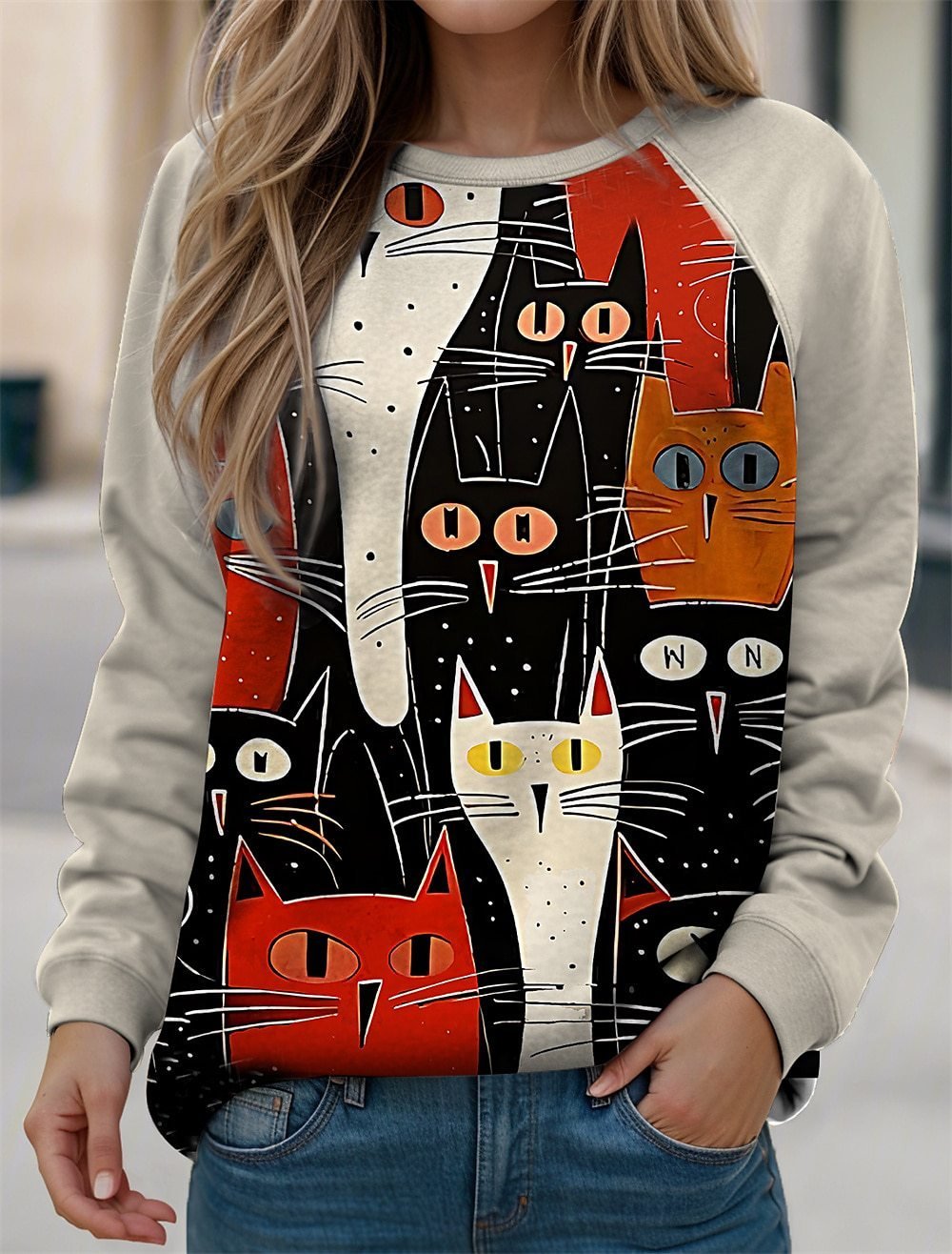 Damen Rundhals Katze Lässig Frühling/Herbst Langarm Sweatshirt