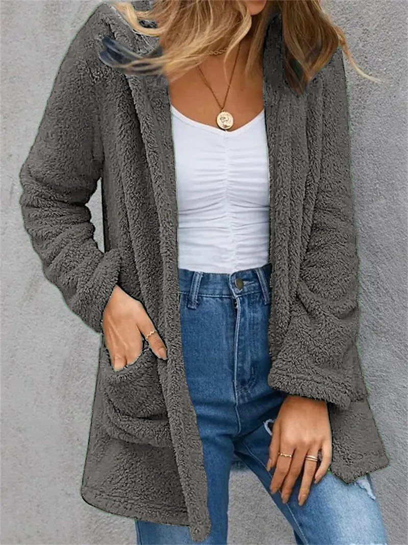 Damen Frühling/Herbst Oberbekleidung Lässig Fluff/Granular-Fleece-Stoff Reißverschluss Unifarben Langarm Kapuze Jacke