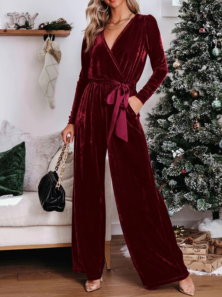 Damen Unifarben V-Ausschnitt Langarm Lässig Frühling/Herbst Samt Jumpsuit