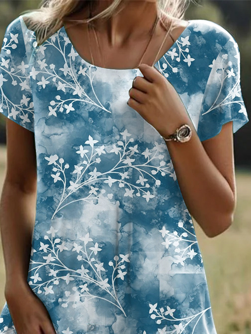 Damen Kurzarm Sommer Geblümt Kleid Rundhals Täglich Ausgehen Lässig Midi H-Linie T-Shirt-Kleid Blau