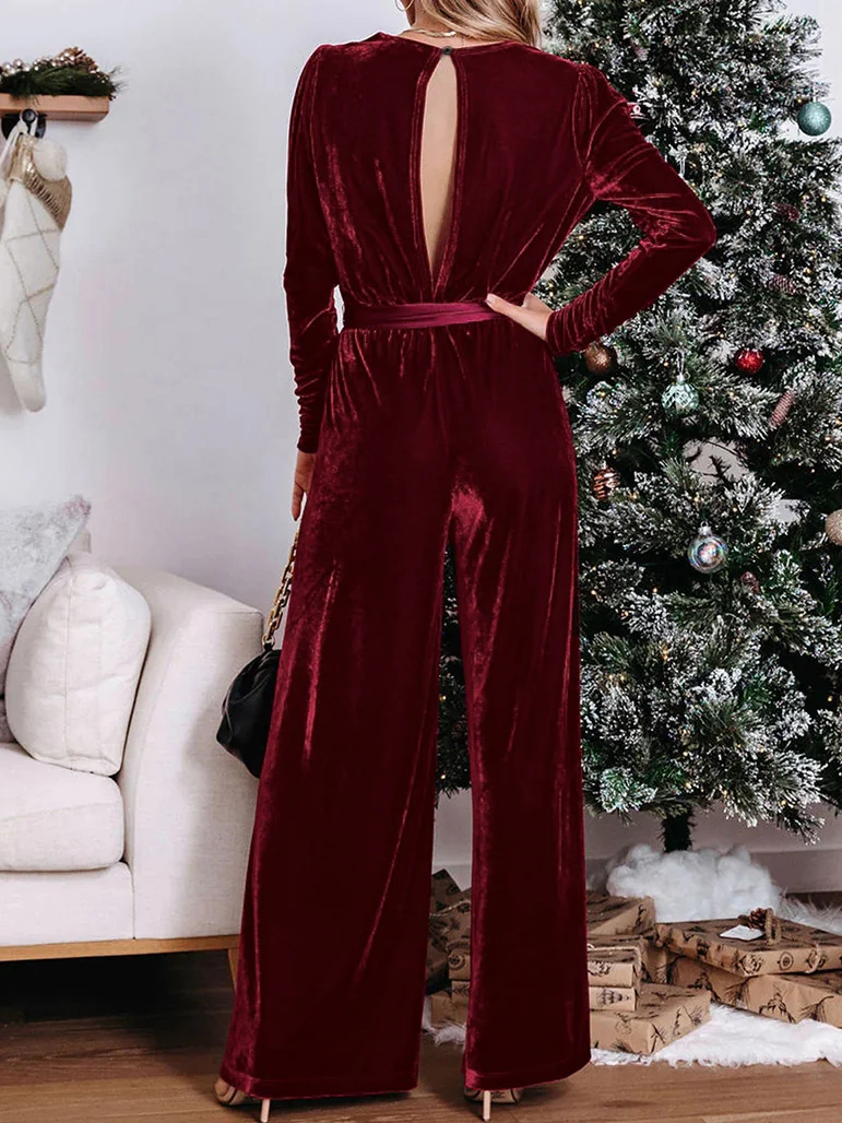 Damen Unifarben V-Ausschnitt Langarm Lässig Frühling/Herbst Samt Jumpsuit