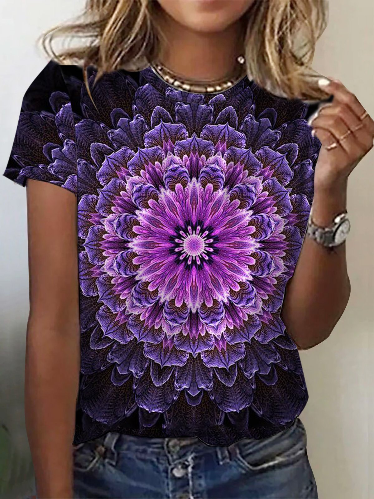 Damen Kurzarm T-Shirts T-Shirt Sommer Geblümt Print Gestrickt Rundhals Täglich Ausgehen Lässig Oberteile Lila