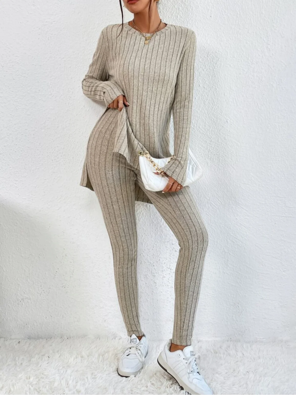 Damen Gestrickt Unifarben Täglich Ausgehen Zwei Stücke Set Langarm Lässig Frühling/Herbst Bluse mit Hose Matching Set