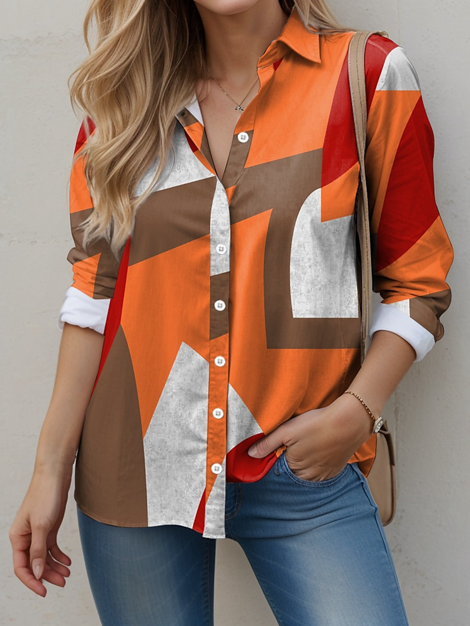 Damen Kurzarm Bluse Sommer Geometrisch Stickerei Baumwolle Leinen Hemdkragen Täglich Ausgehen Lässig Oberteile