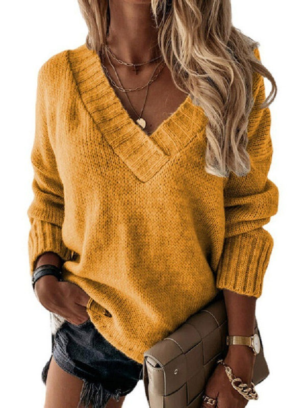 Damen Frühling/Herbst Farbblock Lässig Langarm V-Ausschnitt Garn/Wollgarn Pullover