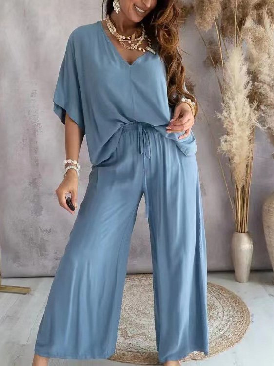 Damen Unifarben Täglich Ausgehen Zwei Stücke Set Halbarm Lässig Sommer Bluse mit Hose Matching Set