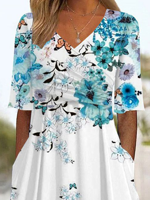Damen Halbarm Sommer Geblümt Kreuz Kleid V-Ausschnitt Täglich Ausgehen Lässig Midi A-Linien Blau