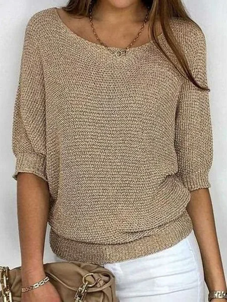 Damen Frühling/Herbst Unifarben Lässig Dreiviertelärmel Rundhals Garn/Wollgarn Pullover