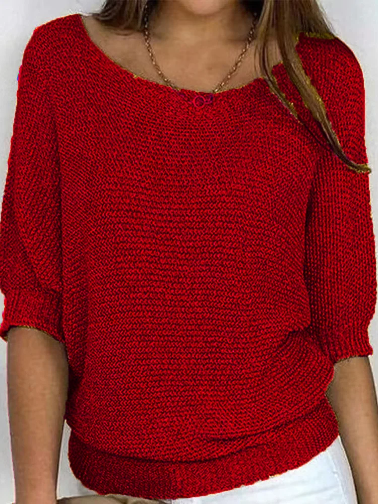 Damen Frühling/Herbst Unifarben Lässig Dreiviertelärmel Rundhals Garn/Wollgarn Pullover