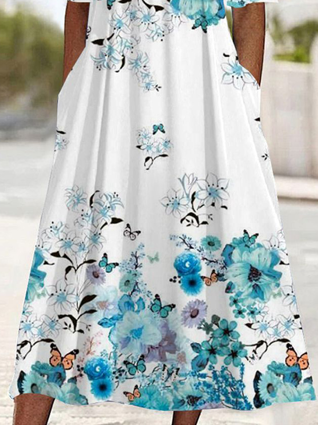Damen Halbarm Sommer Geblümt Kreuz Kleid V-Ausschnitt Täglich Ausgehen Lässig Midi A-Linien Blau