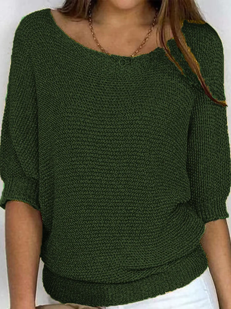 Damen Frühling/Herbst Unifarben Lässig Dreiviertelärmel Rundhals Garn/Wollgarn Pullover