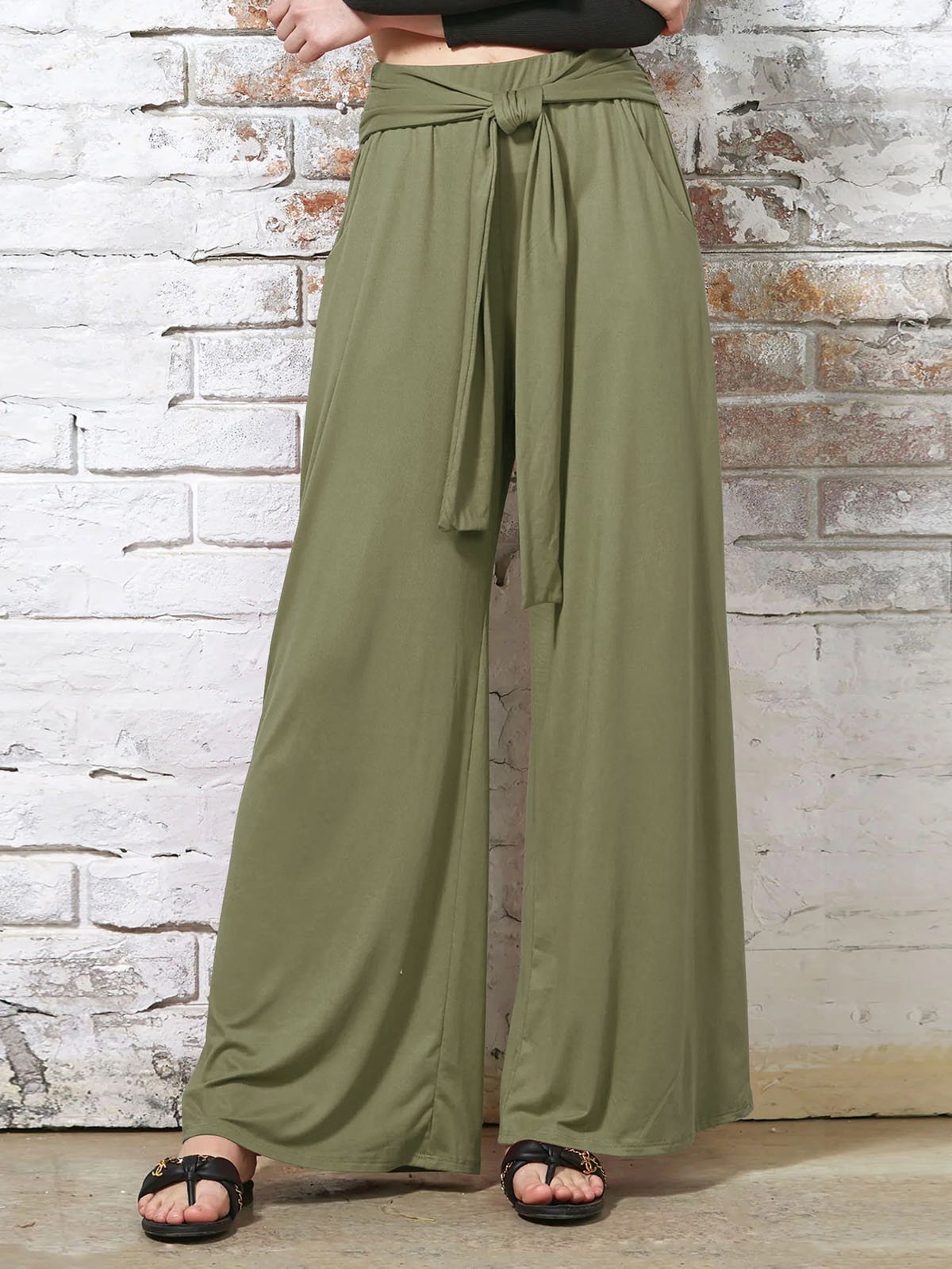 Damen Hose Elastische Taille Hose mit Weitem Bein Täglich Ausgehen Lässig Knoten an der Front Unifarben Frühling/Herbst Hose