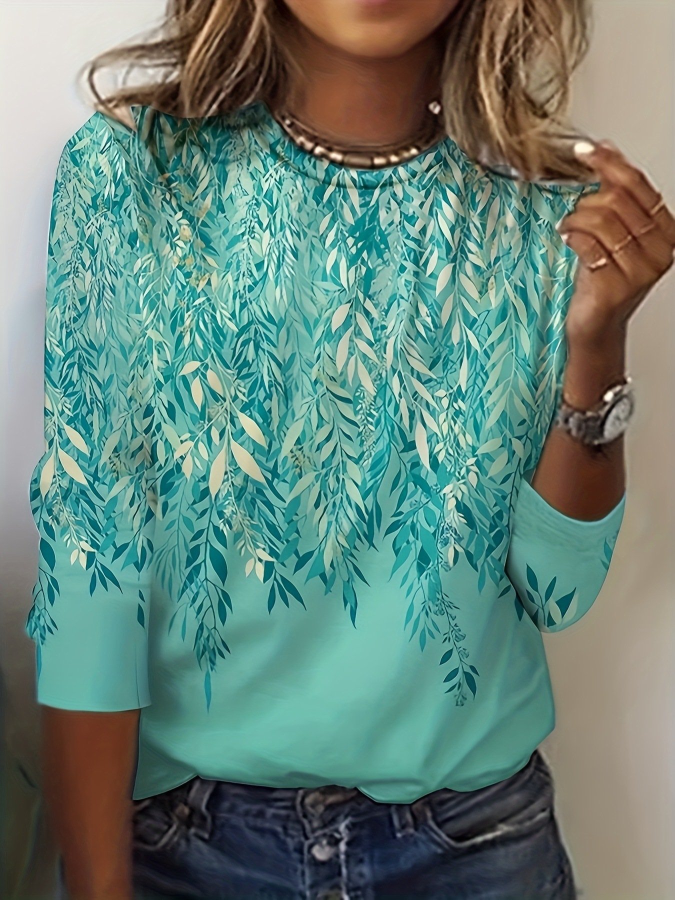 Damen Langarm T-Shirts T-Shirt Frühling/Herbst Blätter Spitze Jersey Rundhals Täglich Ausgehen Lässig Oberteile
