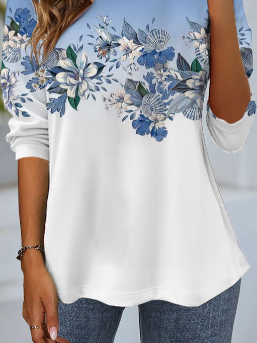 Damen Langarm T-Shirts T-Shirt Frühling/Herbst Geblümt Jersey Rundhals Täglich Ausgehen Lässig Oberteile Blau