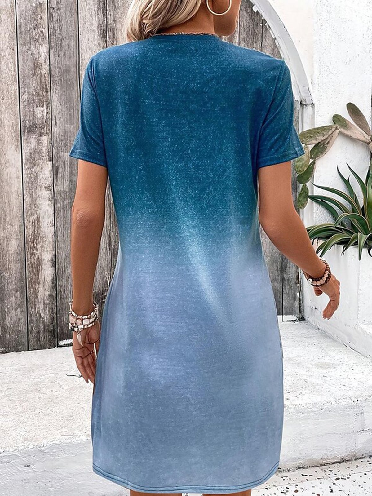 Damen Kurzarm Sommer Farbverlauf Print Jersey Kleid Rundhals Täglich Ausgehen Lässig Mini H-Linie Tunika Blau