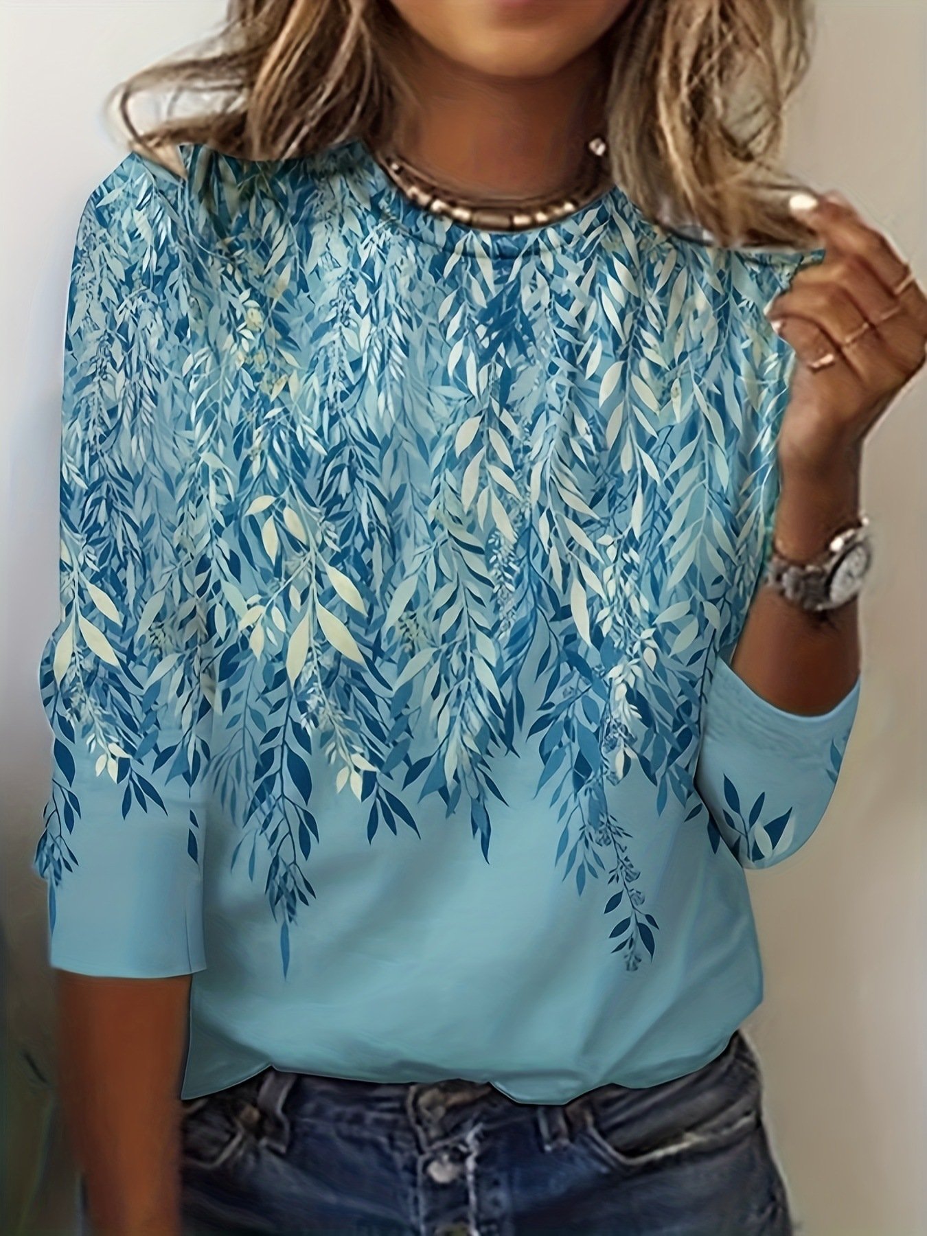 Damen Langarm T-Shirts T-Shirt Frühling/Herbst Blätter Spitze Jersey Rundhals Täglich Ausgehen Lässig Oberteile