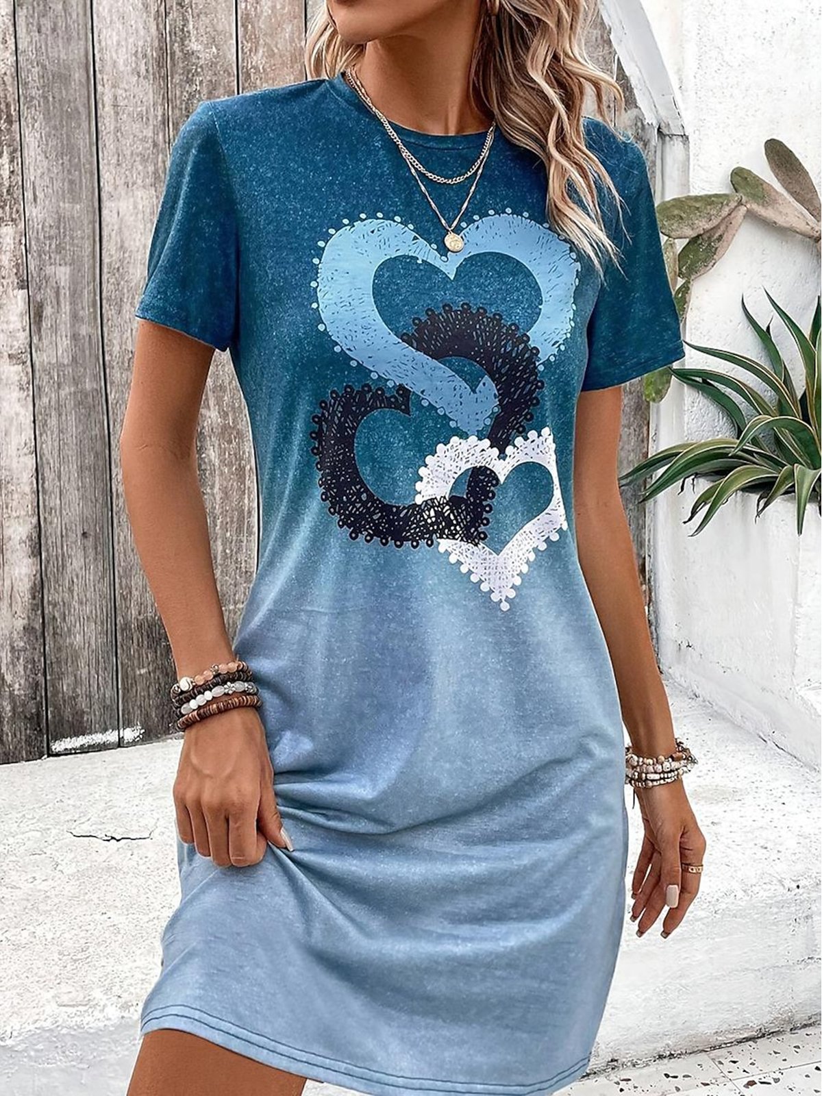 Damen Kurzarm Sommer Farbverlauf Print Jersey Kleid Rundhals Täglich Ausgehen Lässig Mini H-Linie Tunika Blau