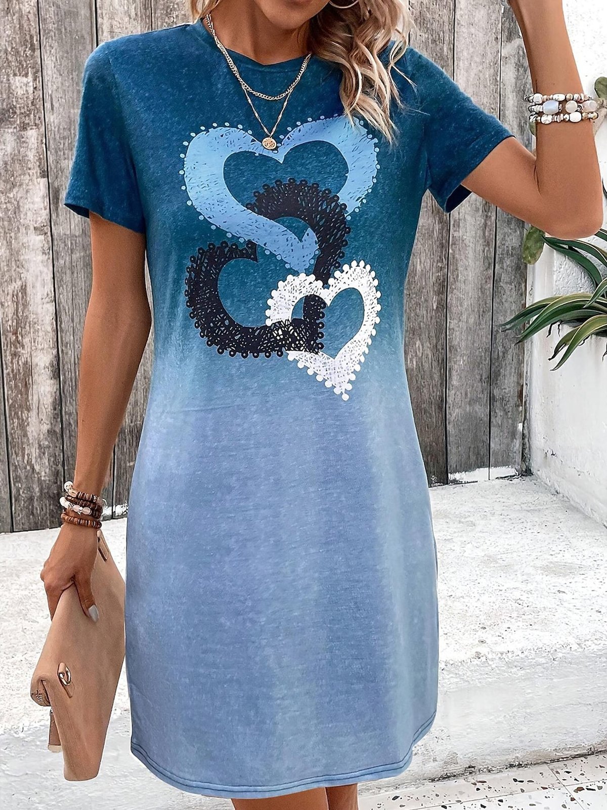 Damen Kurzarm Sommer Farbverlauf Print Jersey Kleid Rundhals Täglich Ausgehen Lässig Mini H-Linie Tunika Blau