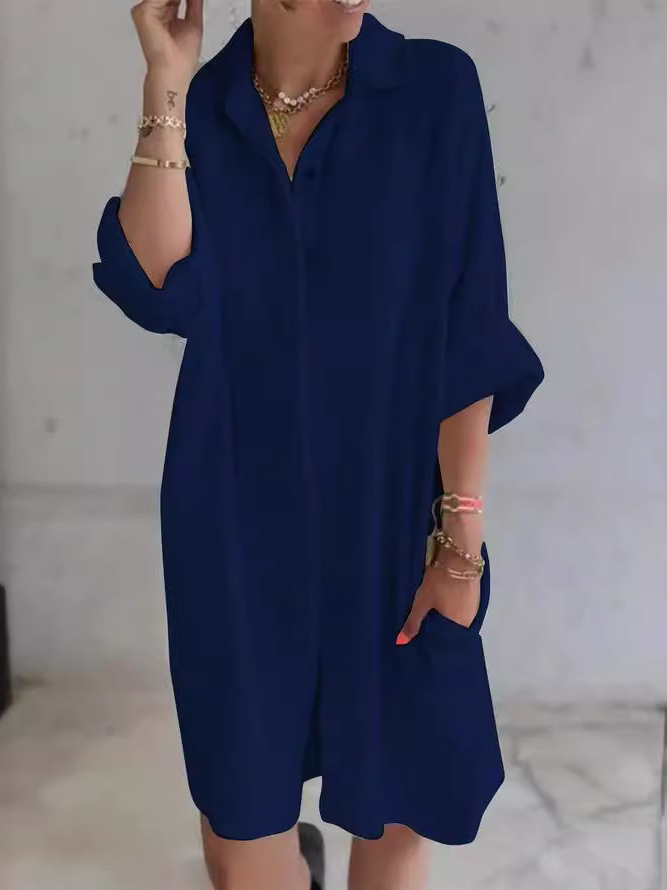 Damen Unifarben Langarm Frühling/Herbst Kleid Hemdkragen Täglich Lässig Midi A-Linien-Kleid