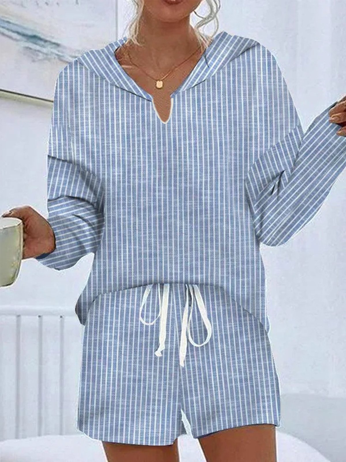 Damen Gestreift Zweiteiliges Set Täglich Langarm Lässig Frühling/Herbst Bluse mit Hose Matching Set