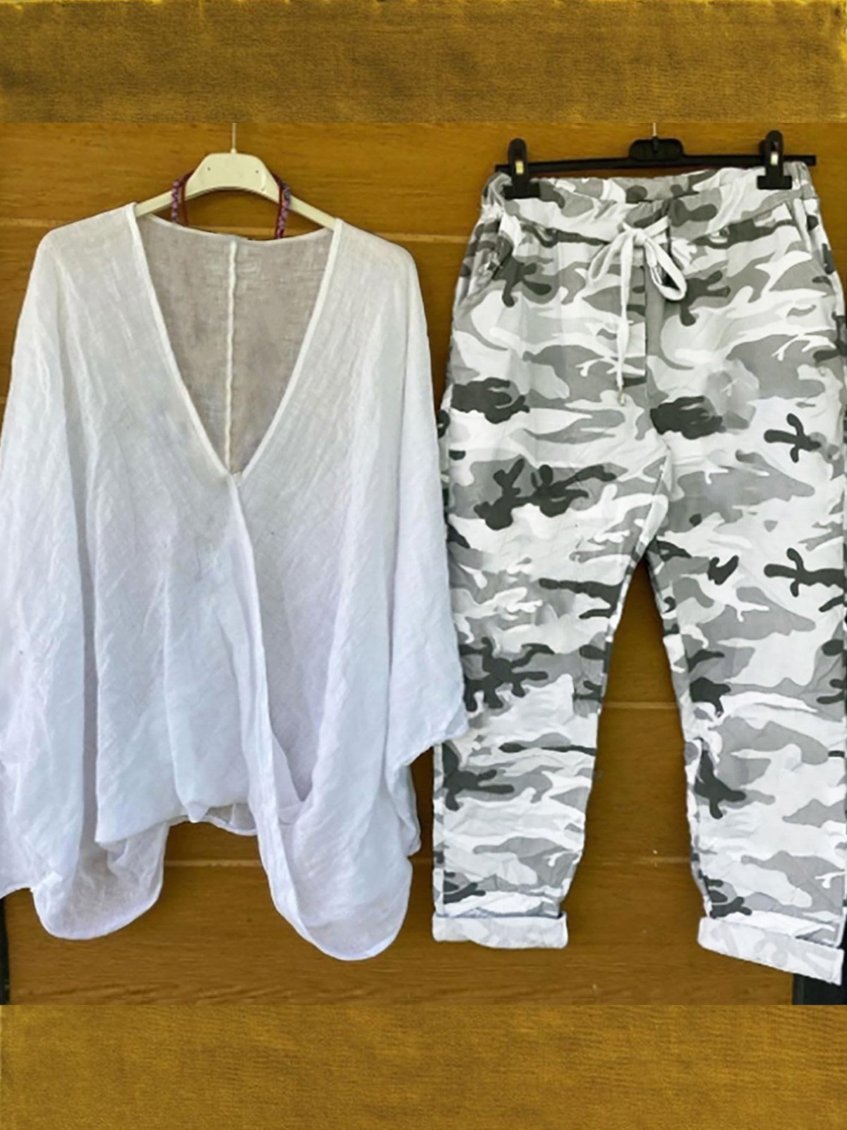 Damen Camo Täglich Ausgehen Zwei Stücke Set Dreiviertelärmel Lässig Frühling/Herbst Bluse mit Hose Matching Set