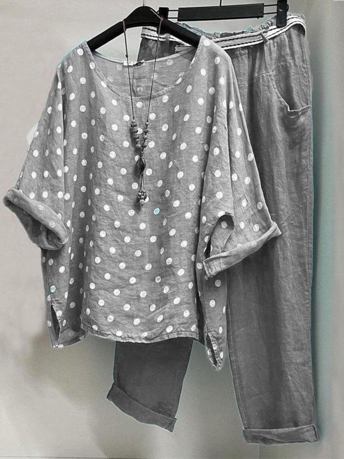 Damen Polka Dots Zweiteiliges Set Täglich Halbarm Lässig Sommer Bluse mit Hose Matching Set