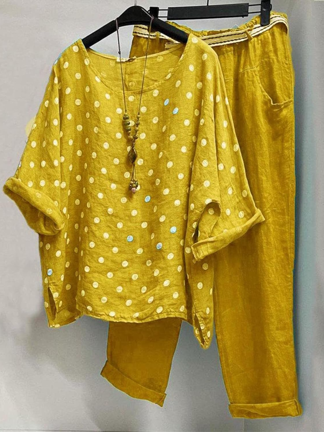 Damen Polka Dots Zweiteiliges Set Täglich Halbarm Lässig Sommer Bluse mit Hose Matching Set