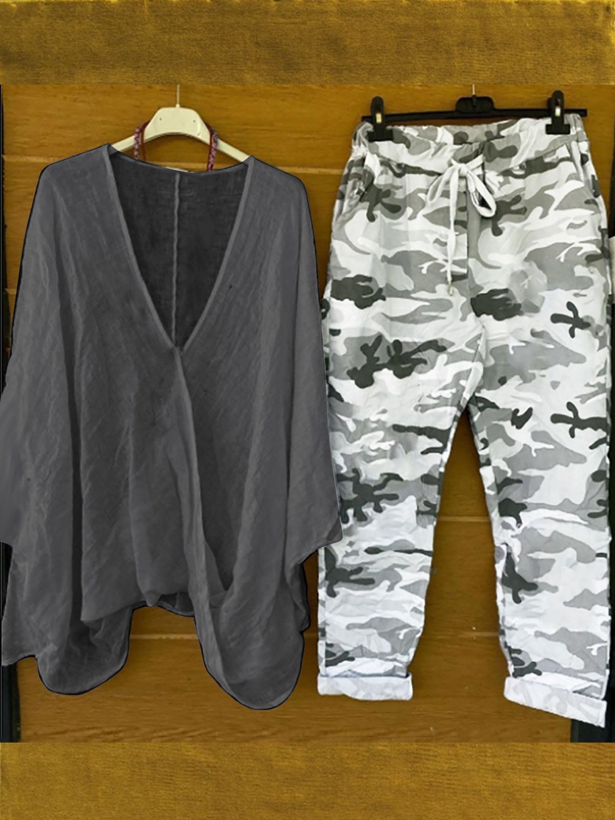 Damen Camo Täglich Ausgehen Zwei Stücke Set Dreiviertelärmel Lässig Frühling/Herbst Bluse mit Hose Matching Set