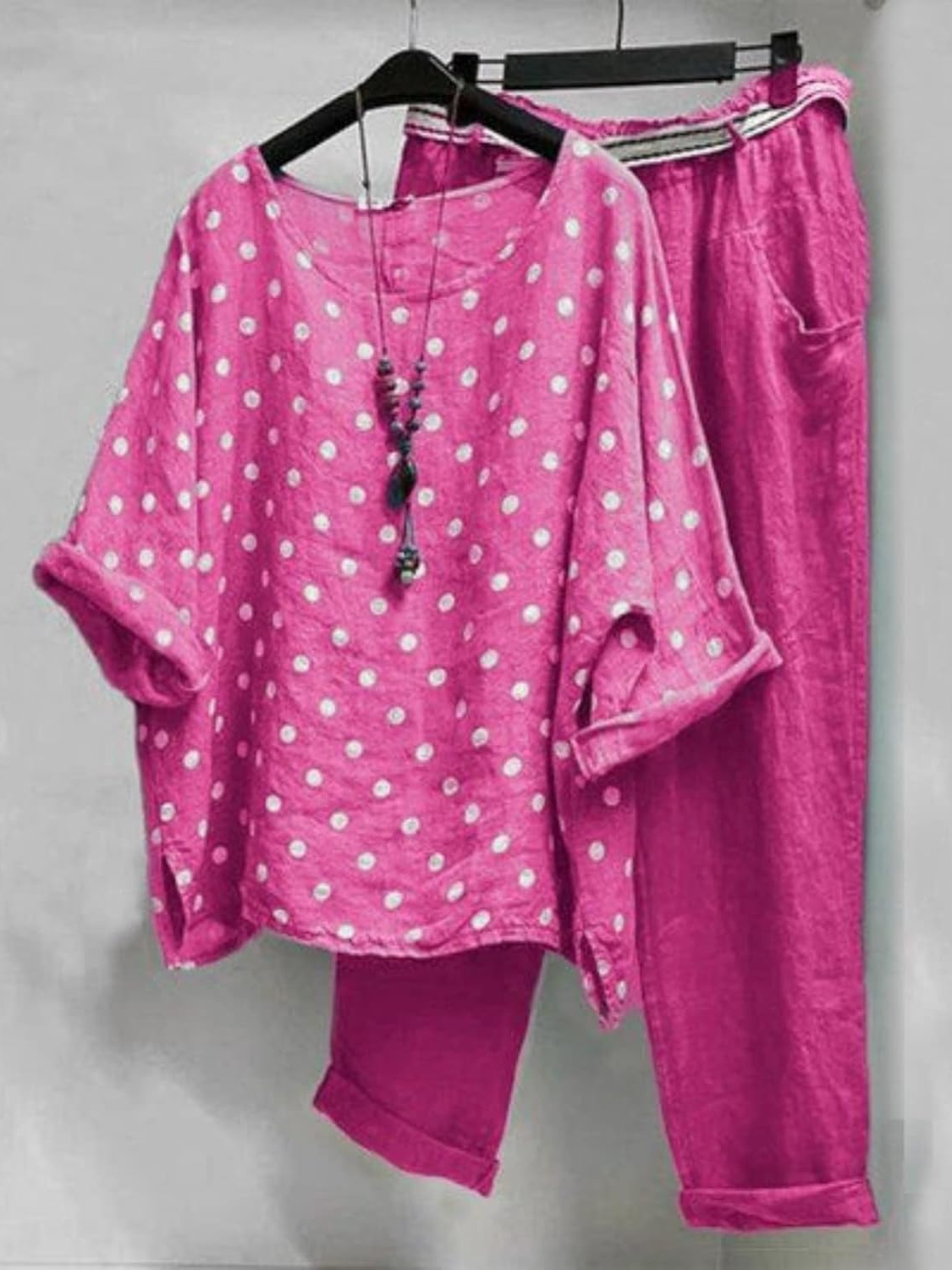 Damen Polka Dots Zweiteiliges Set Täglich Halbarm Lässig Sommer Bluse mit Hose Matching Set