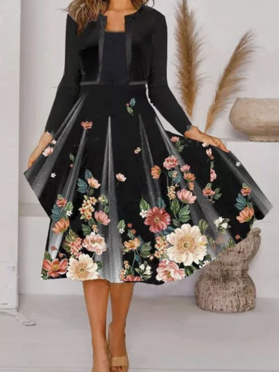 Damen Langarm Frühling/Herbst Geblümt Kleid Rundhals Täglich Ausgehen Lässig Midi H-Linie