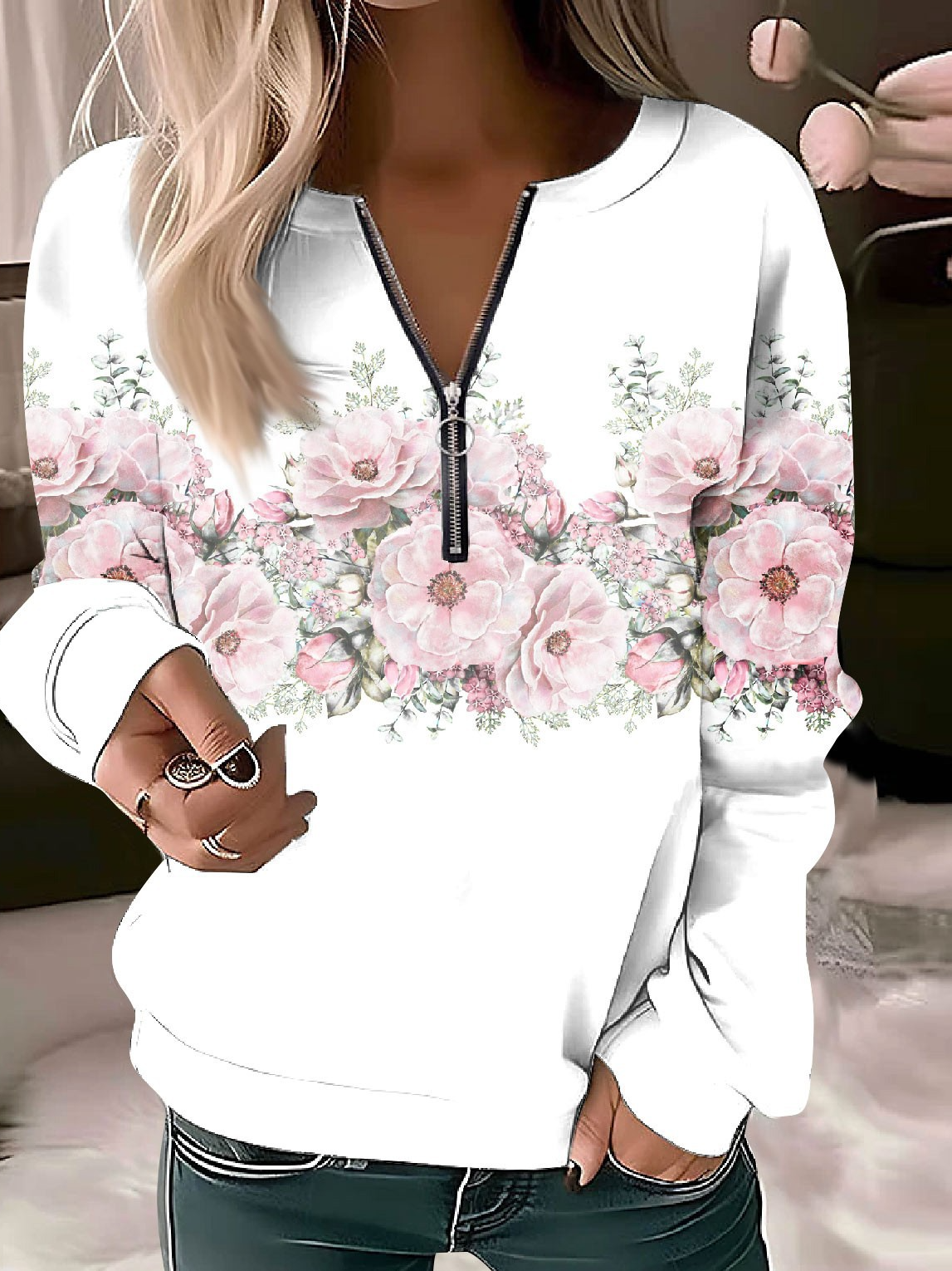 Damen Rundhals Geblümt Lässig Frühling/Herbst Langarm Sweatshirt