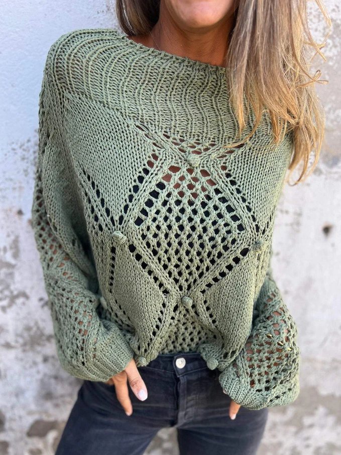 Damen Ausgehöhlt Frühling/Herbst Unifarben Lässig Langarm Rundhals Garn/Wollgarn Pullover