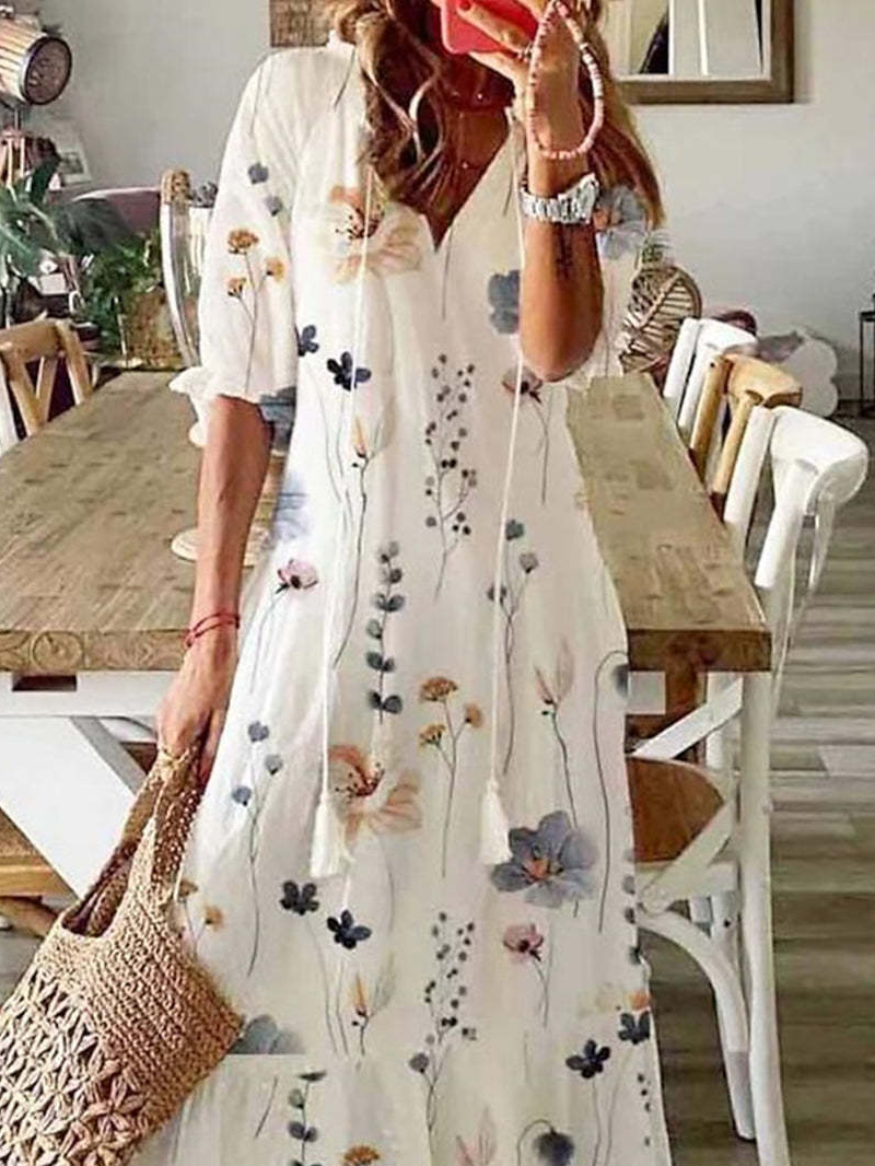 Damen Geblümt Dreiviertelärmel Frühling/Herbst Kleid V-Ausschnitt Täglich Lässig Maxikleid H-Linie Kleid
