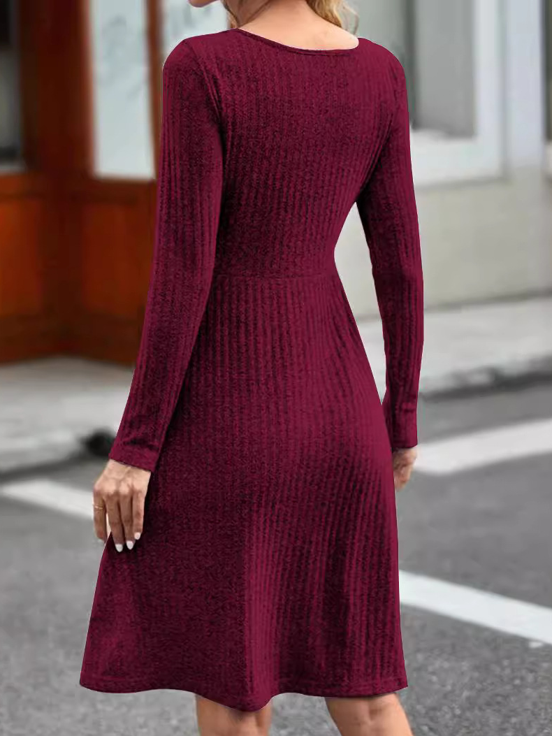 Damen Langarm Frühling/Herbst Unifarben Geknöpft Jersey Kleid Rundhals Täglich Ausgehen Lässig Midi H-Linie