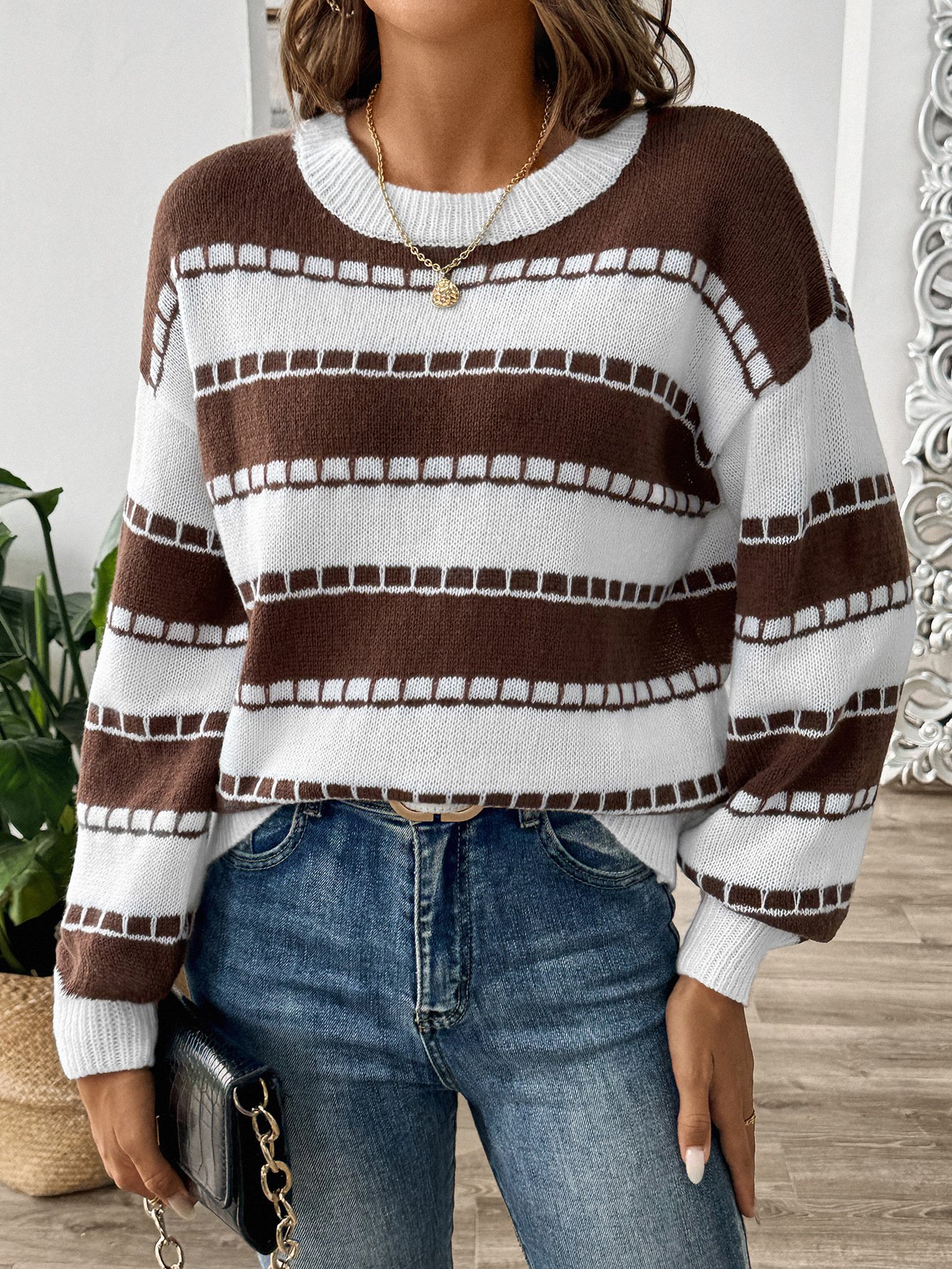 Weit Gestreift Lässig Rundhals Pullover