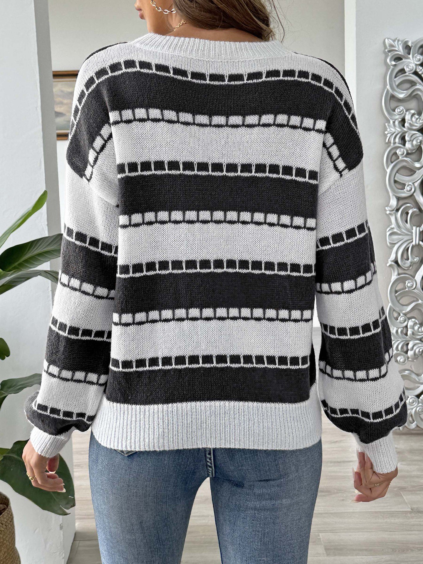 Weit Gestreift Lässig Rundhals Pullover