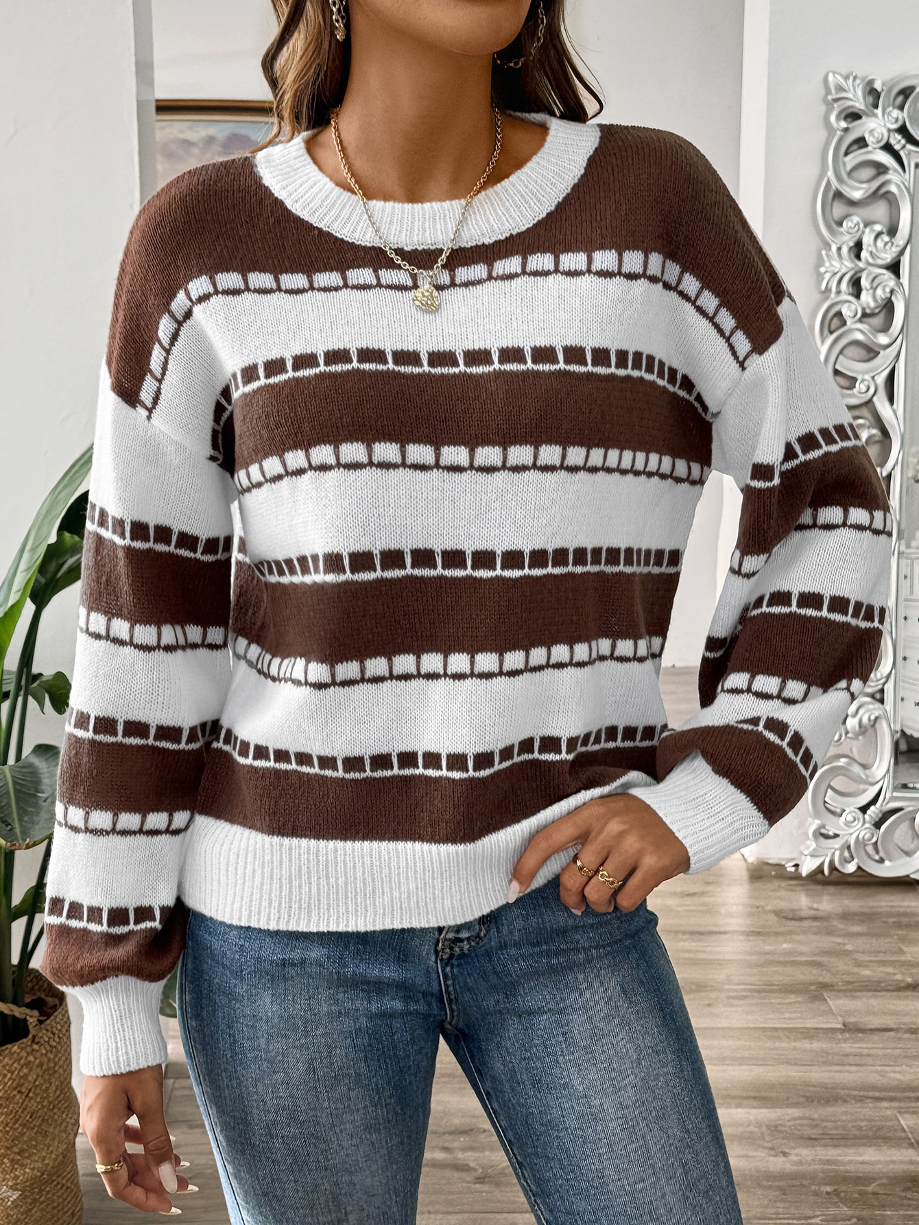 Weit Gestreift Lässig Rundhals Pullover