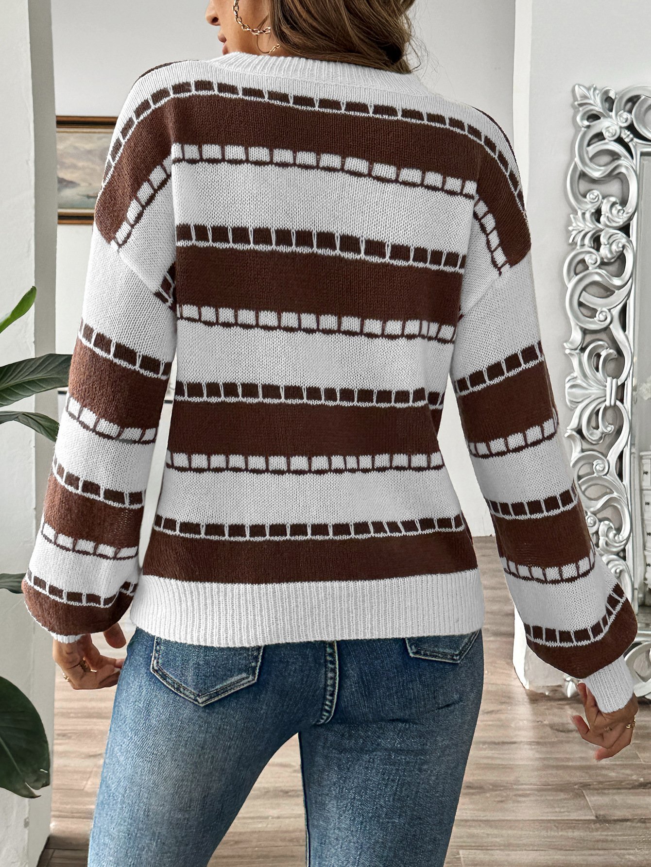 Weit Gestreift Lässig Rundhals Pullover