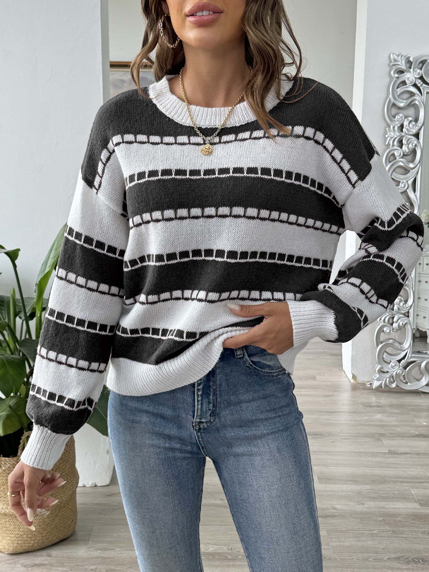 Weit Gestreift Lässig Rundhals Pullover