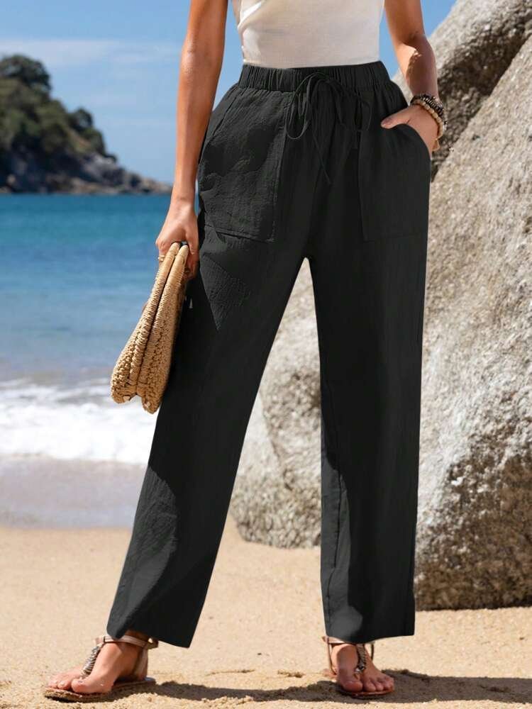 Damen Hose Elastische Taille Gerade Hosen Täglich Ausgehen Lässig Tunnelzug Unifarben Frühling/Herbst Hose