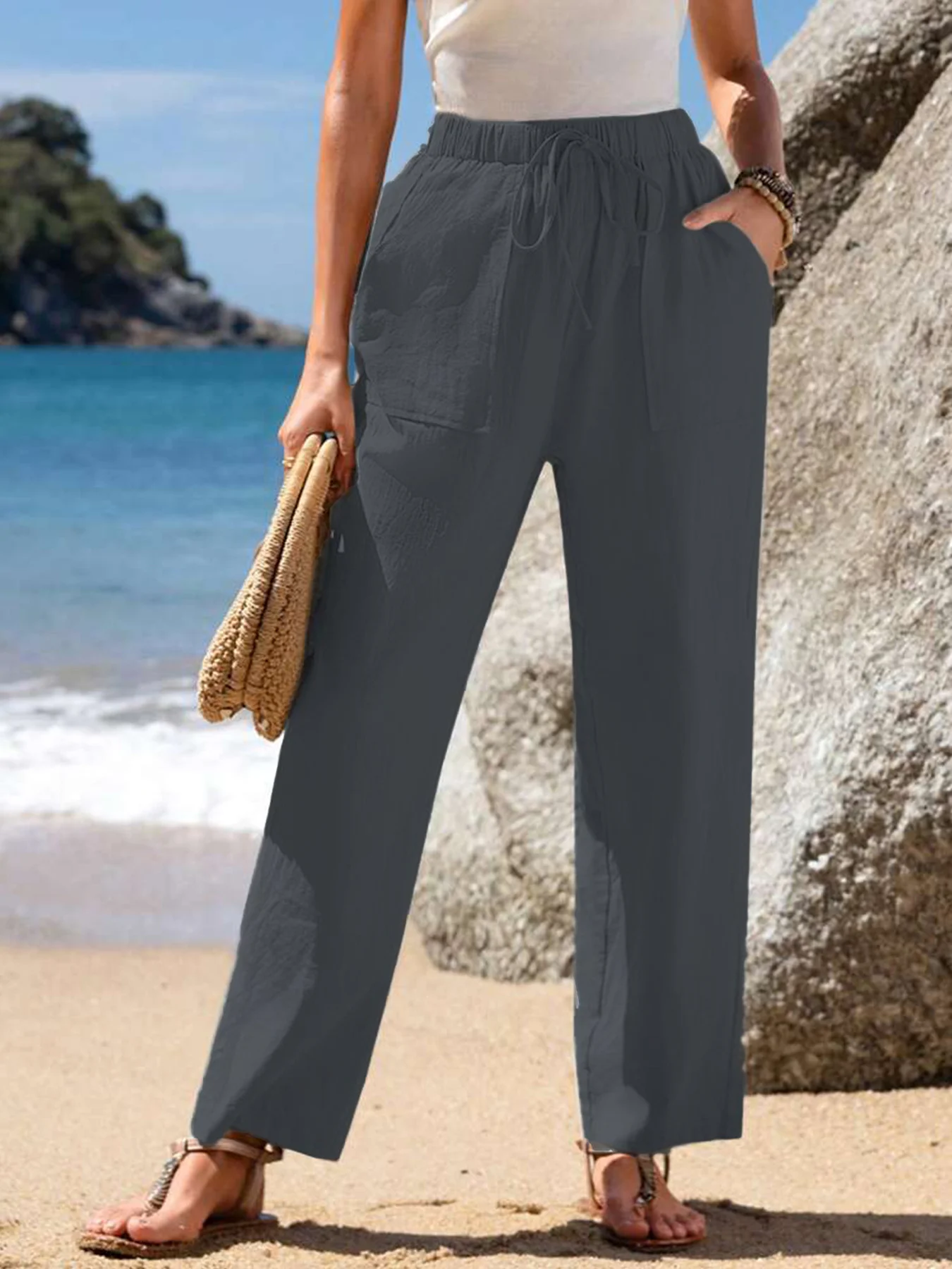 Damen Hose Elastische Taille Gerade Hosen Täglich Ausgehen Lässig Tunnelzug Unifarben Frühling/Herbst Hose