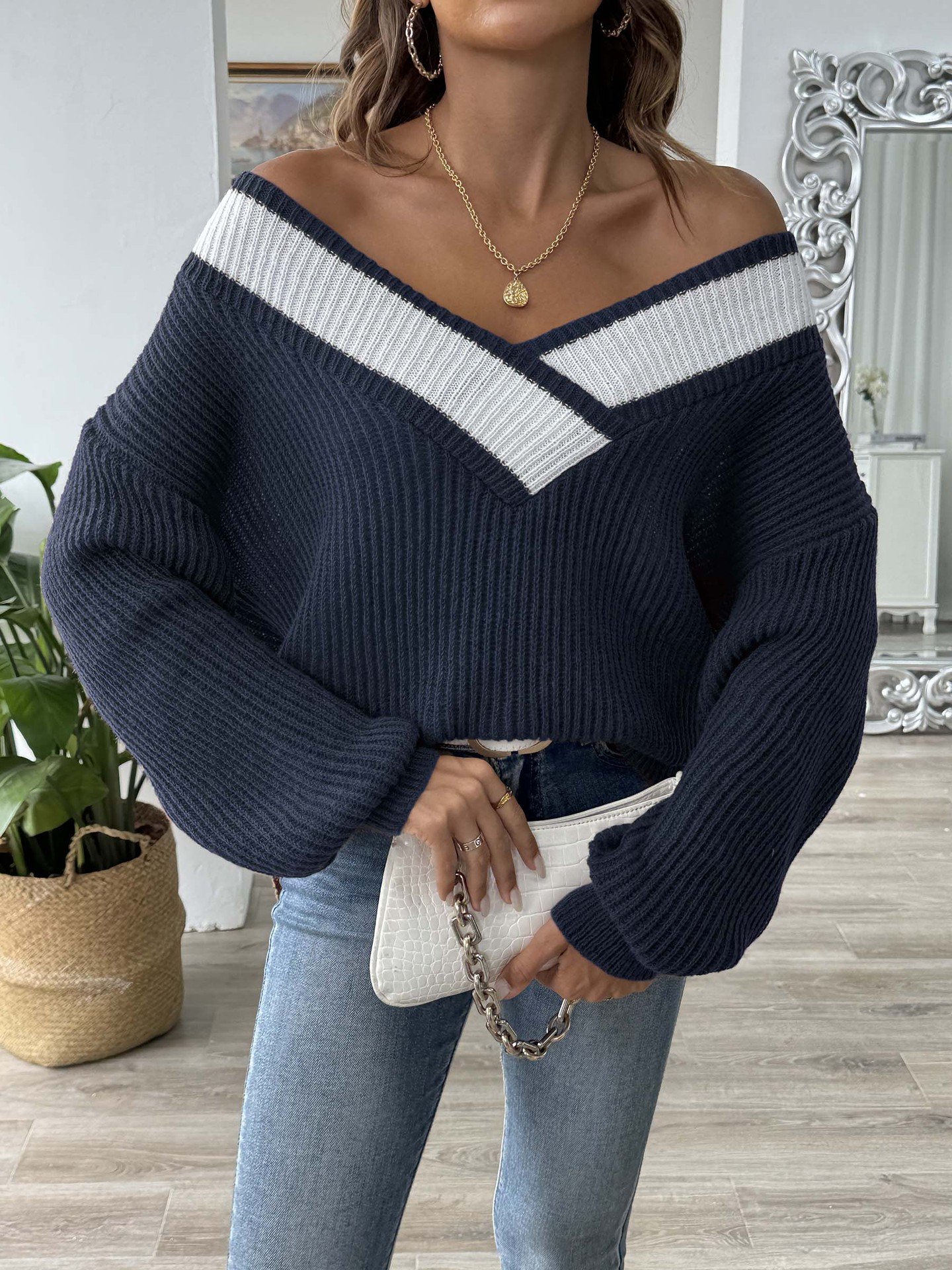 V-Ausschnitt Wolle/Stricken Langarm Weit Farbblock Lässig Pullover