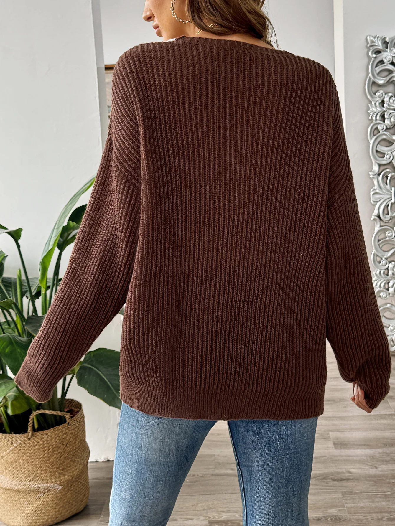 V-Ausschnitt Wolle/Stricken Langarm Weit Farbblock Lässig Pullover